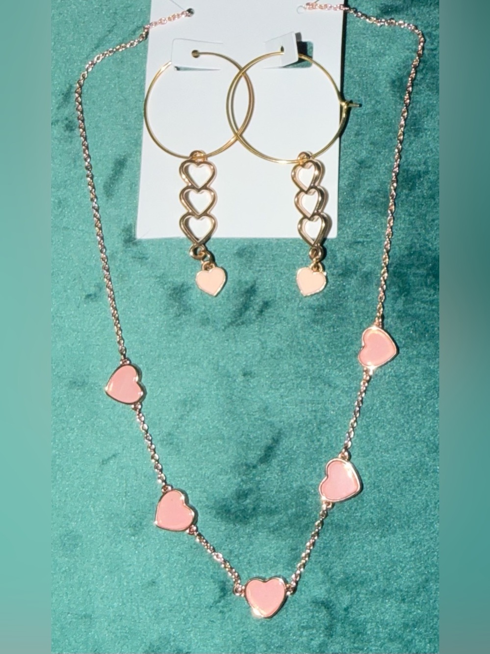 Rose Gold-Tone Light Pink Heart Necklace and Matching Hoop Earrings Set